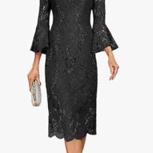 Black off-the-shoulder lace dress with three-quarter length bell Adrianna Papell